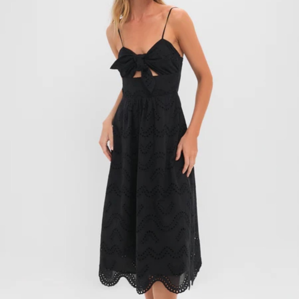 Black Eyelet Tie-Front Midi Dress with Spaghetti Straps